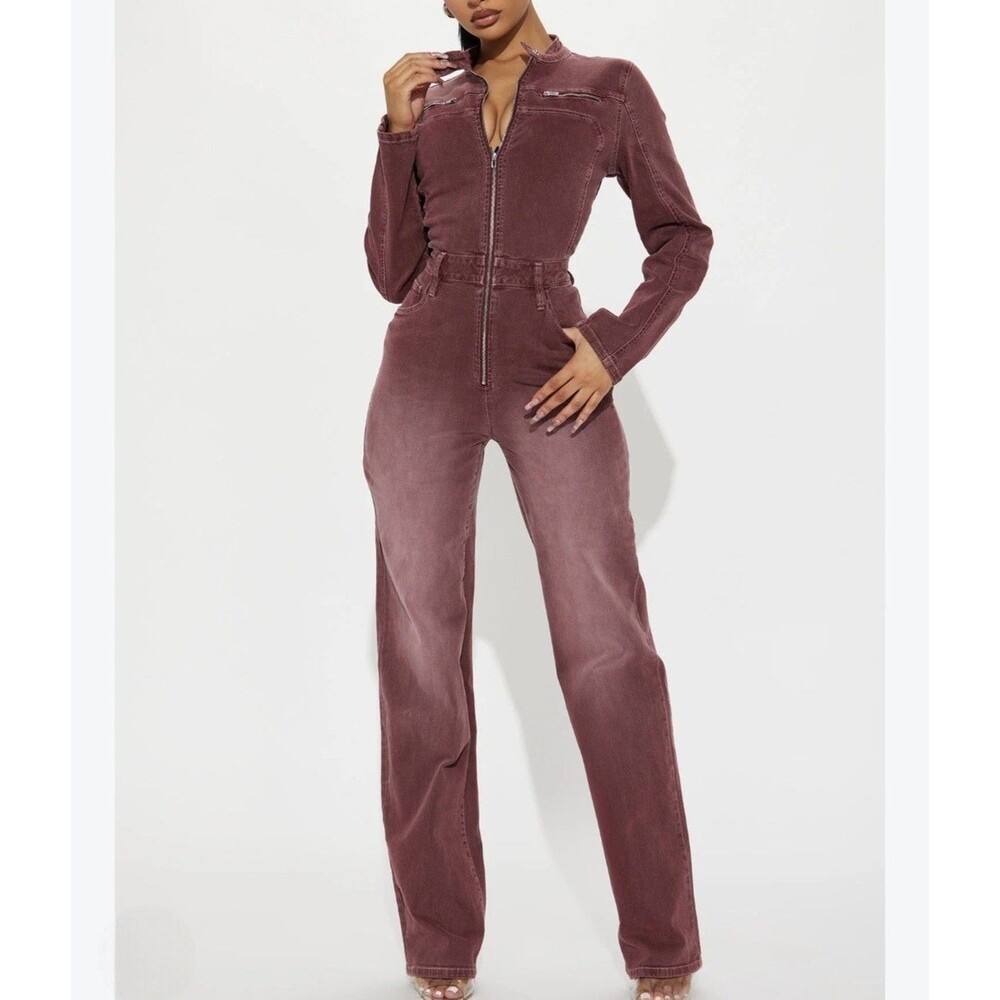 Fashion Nova Hopped Off Bike Denim Jumpsuit Burgundy L Zipper Rock Grunge Y2k